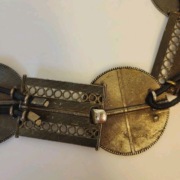 Vintage Rare Brass Boho Link Chain Medalion Heavy Belt Necklace - Picture 7 of 11